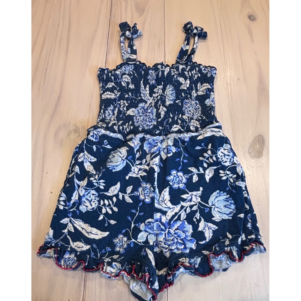 Matilda Jane Girls Blue Floral Smocked Romper Size 10 Tie Straps Boho 31031R